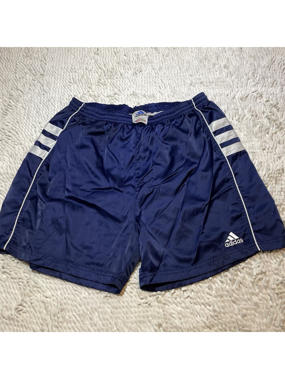 VTG Adidas 3 Stripe Basketball Shorts Men’s Size L Blue Dazzle Silky Shiny Y2K